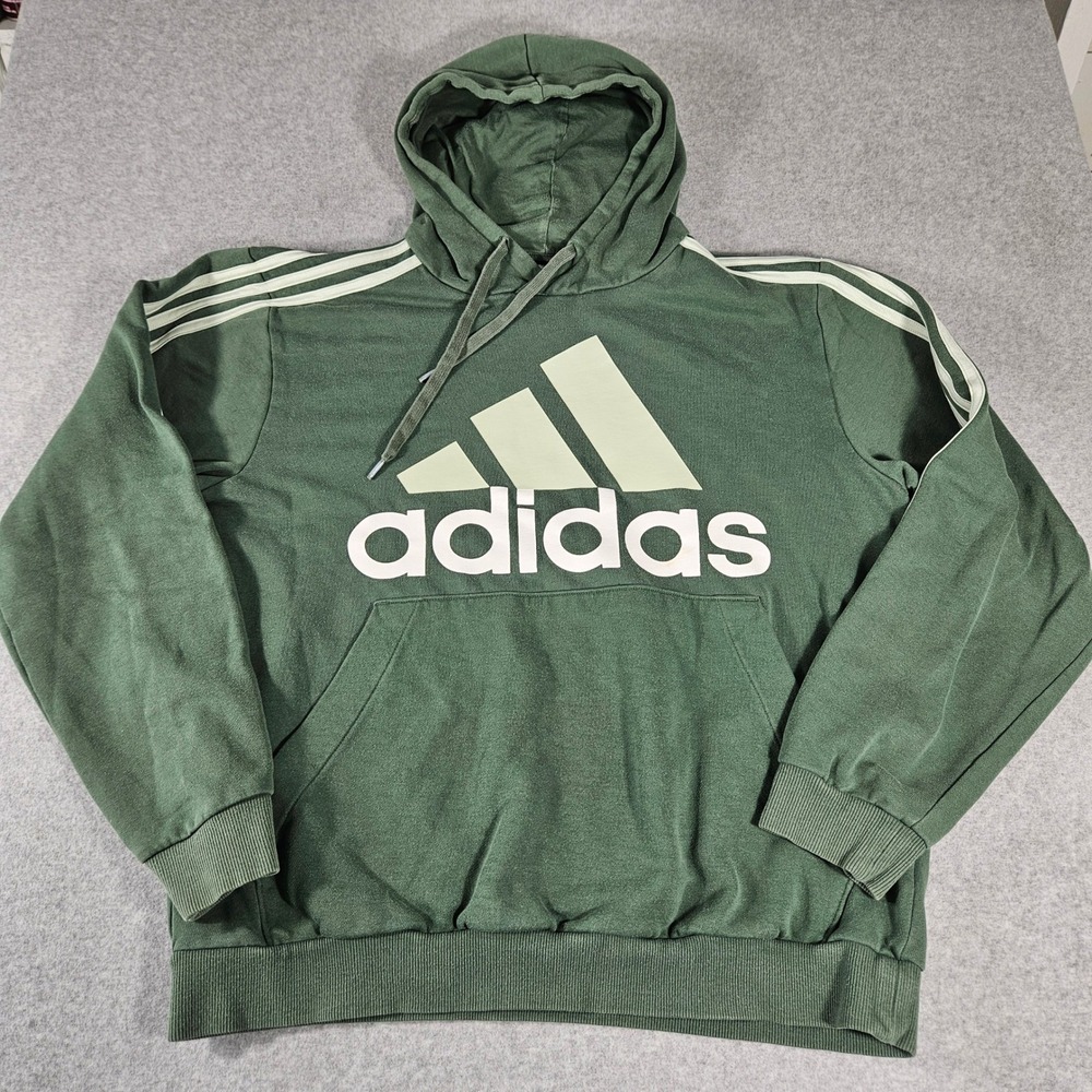Adidas Mens Essentials Big Logo Hoodie Green 3-Stripe Pullover Large HL2241